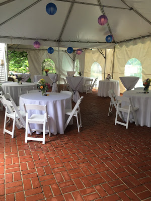 wedding reception in a back yard tent